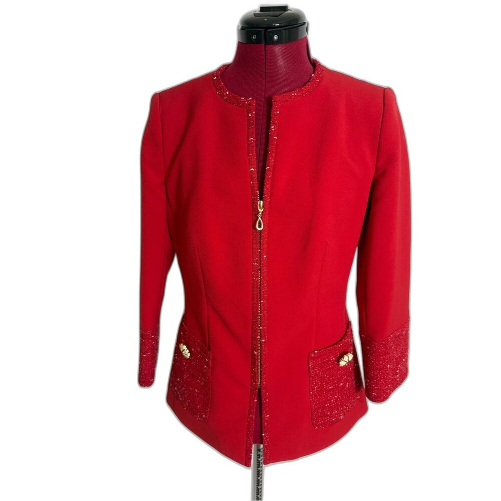 Mary Kay Blazer Women's Size XS Red Zip-Front Tweed Trim 3/4 Sleeve